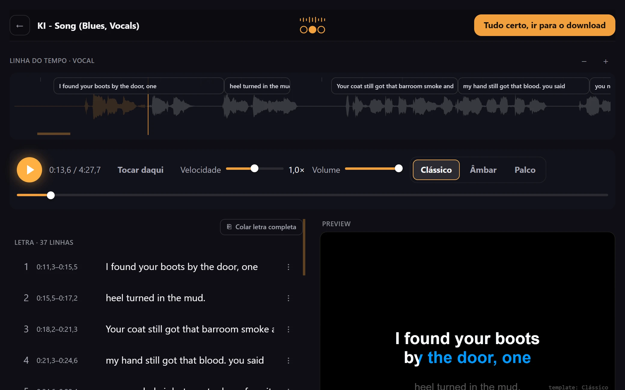 Editor de letra do KaraokeMaker: a lista de linhas transcritas, cada uma com o tempo de início e de fim, ao lado da prévia do vídeo destacando a palavra cantada no momento.