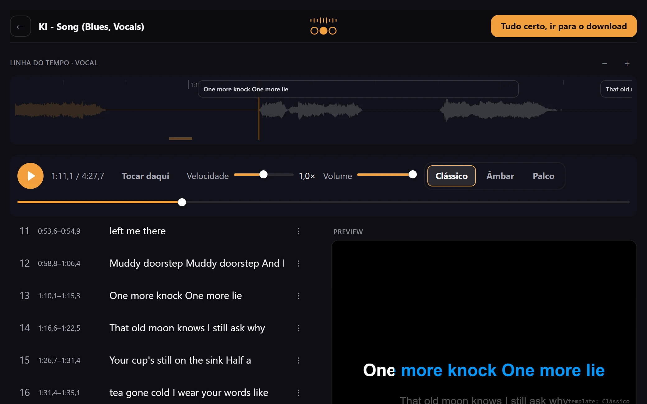 Editor do KaraokeMaker com a linha do tempo do vocal isolado: a onda da voz aparece sozinha, separada da base, com os controles de reprodução e velocidade abaixo dela.