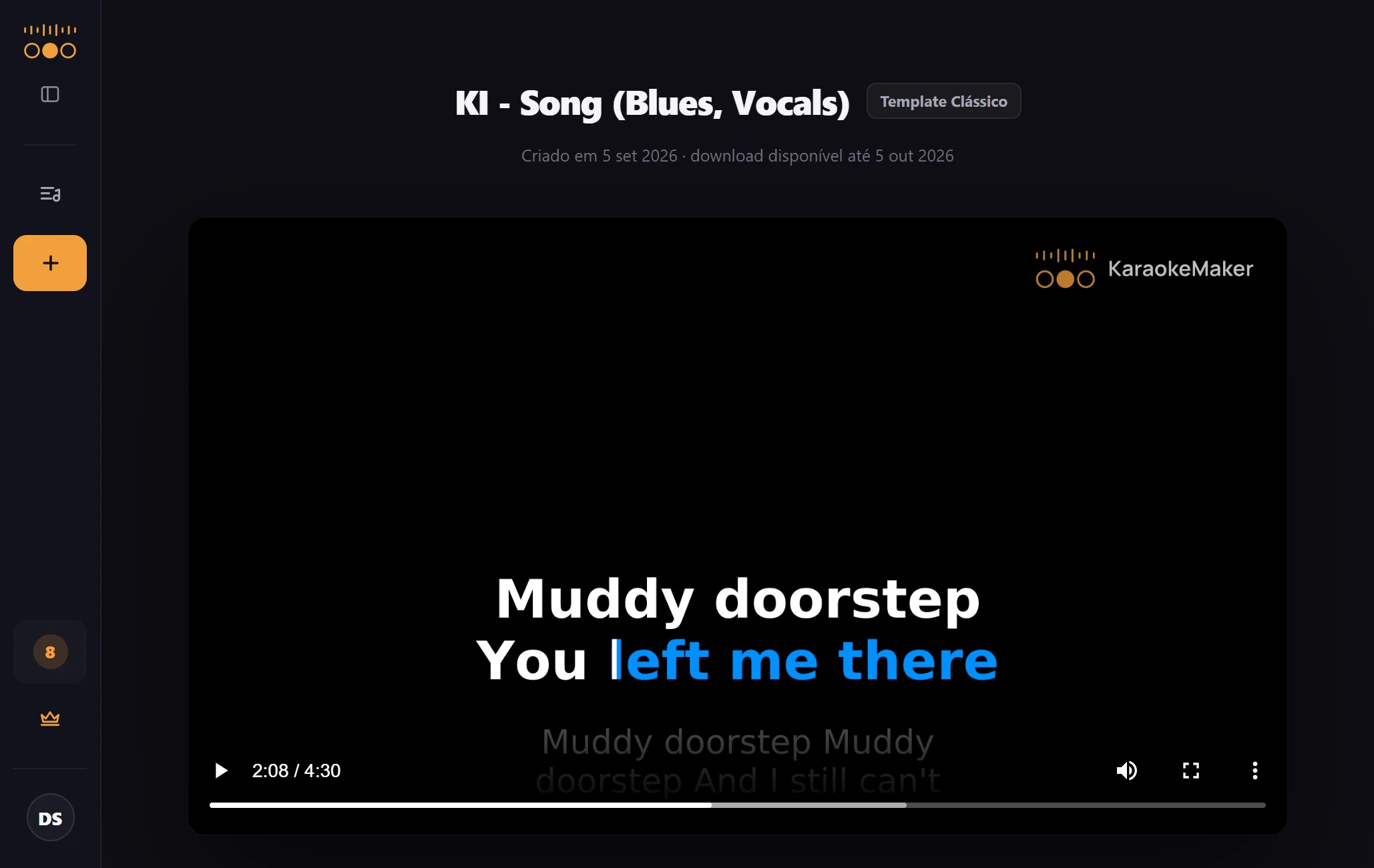 Página de um karaokê pronto: o vídeo em Full HD tocando com a letra sobreposta, a marca KaraokeMaker no canto e a data até quando o download fica disponível.